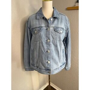 Seven 7 Women's Denim Jacket Light Wash Blue Long Sleeve Button Up Jean L